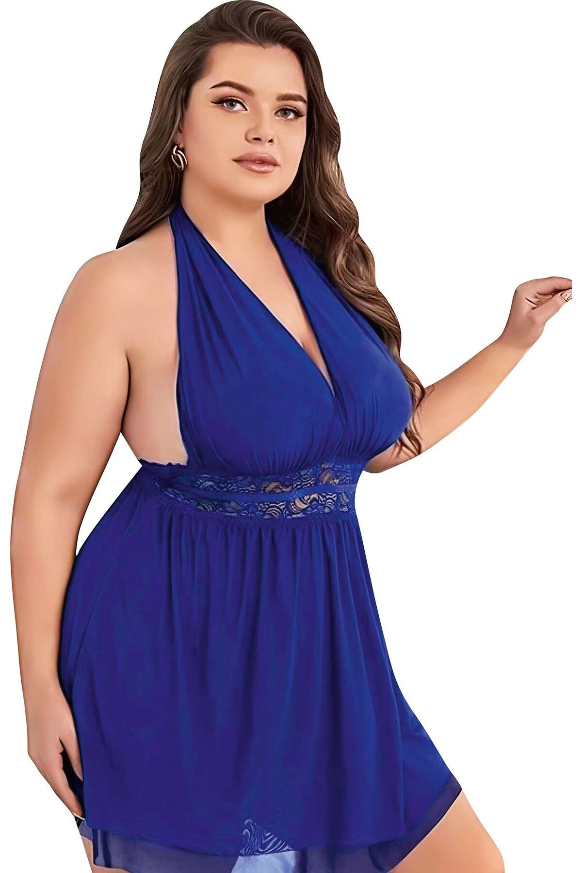 Lacivert 2XL-3XL-4XL Beden Beli Dantelli Boyundan Bağlamalı Battal Babydoll