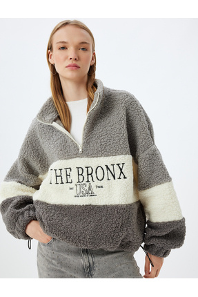 Peluş Sweatshirt Oversize Yarım Fermuarlı Kolej Nakışlı Renk Bloklu Image 1