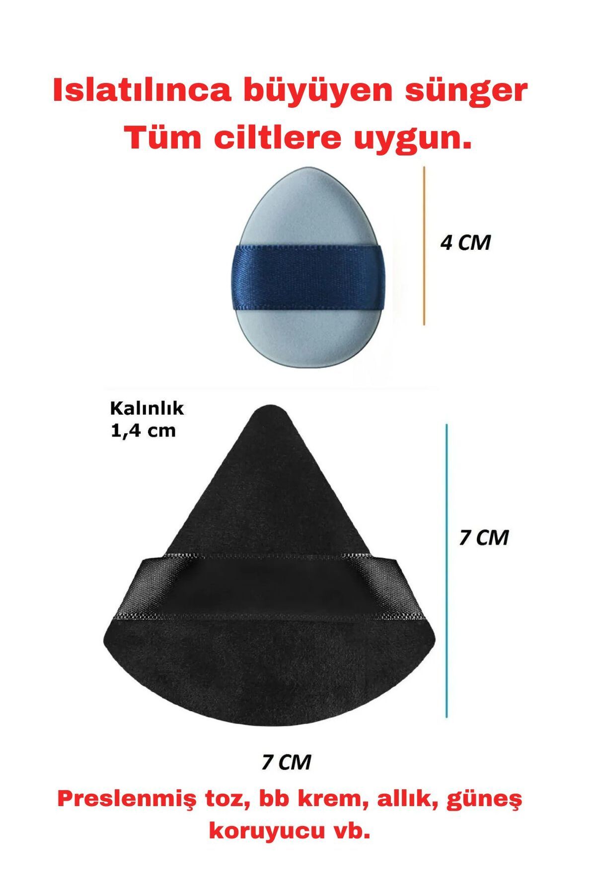 2 Adet Mini Ve 1 Adet Üçgen Kozmetik Puf Parmak Yüz Makyaj Göz Altı Kapatıcı Kuru Islak Süngeri Seti