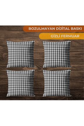 Dijital Baskılı Hediyelik Koltuk 4'lü Kırlent Yastık Kılıfı | Siyah Beyaz Kazayağı Desenli Image 0