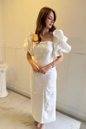 Kare Yaka Maxi Boy Taş Detaylı PERA Beyaz Elbise Image 3