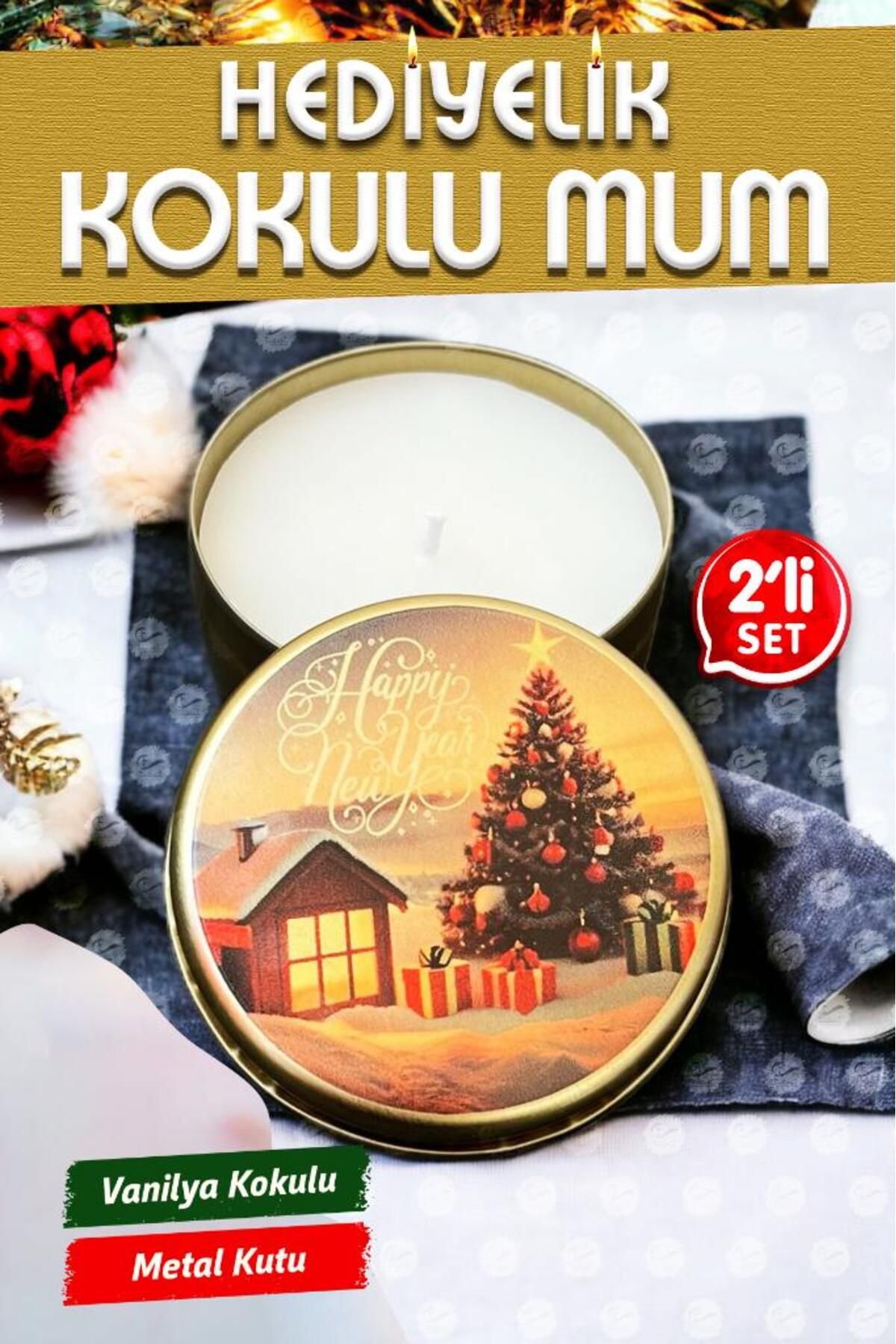 Yılbaşı Hediyelik Metal Kutu Kokulu Mum 2'li Set No:3 christmas gift candle-T1106