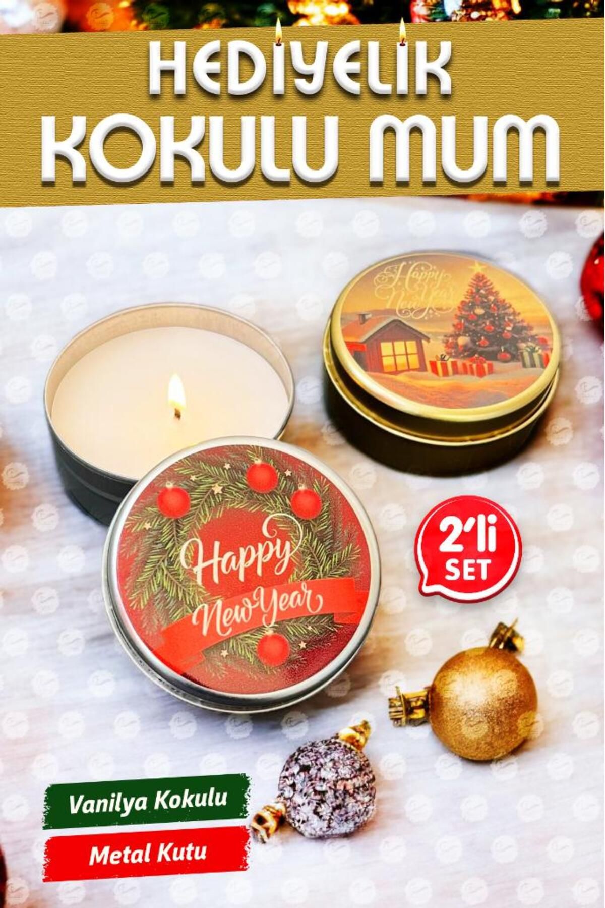 Yılbaşı Hediyelik Metal Kutu Kokulu Mum 2'li Set No:3 christmas gift candle-T1106