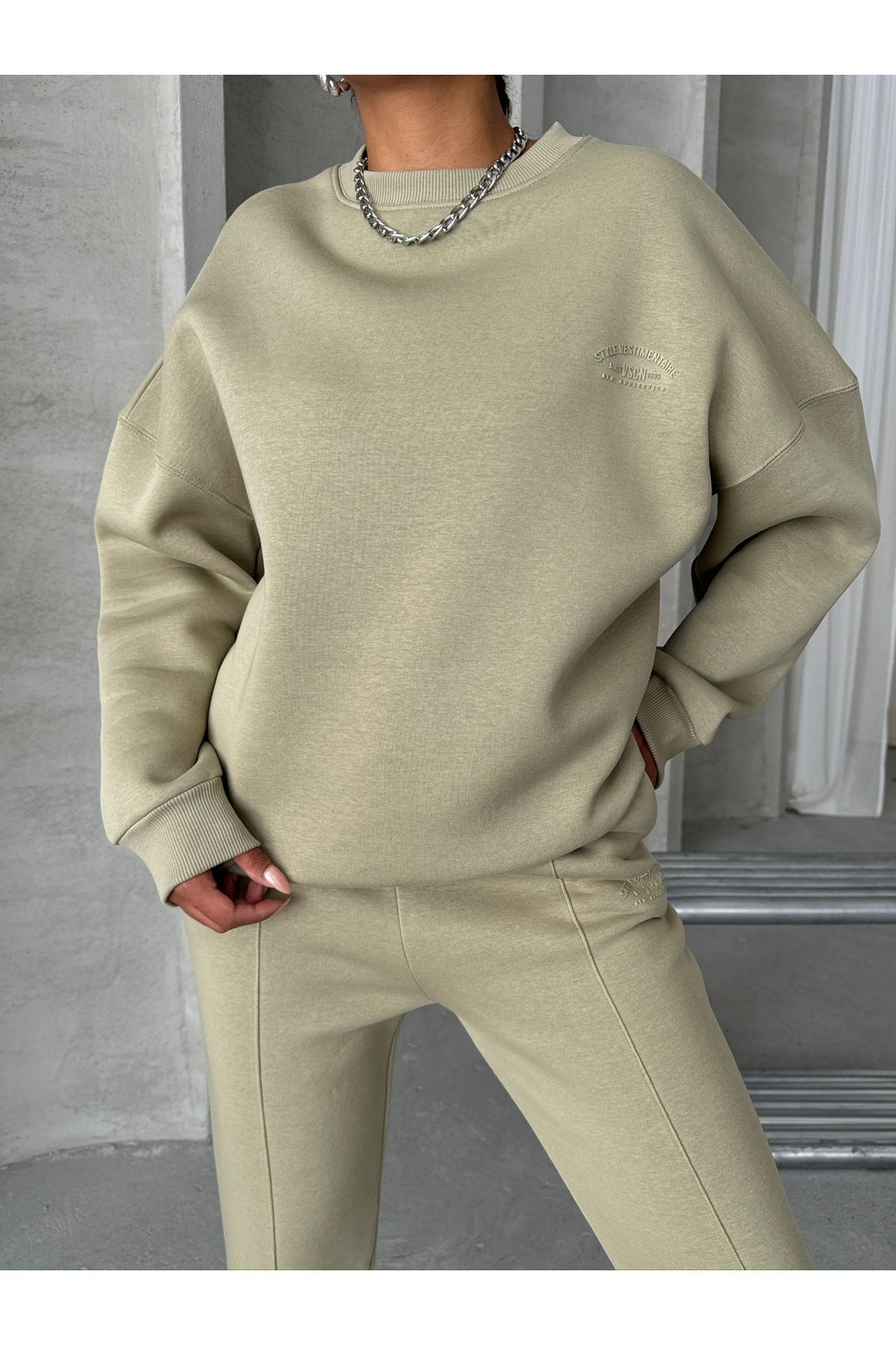 TKM-03635 Haki Style Yazı Baskılı Oversize Sweatshirt Çimalı Eşofman Üç İplik Şardonlu İkili Takım