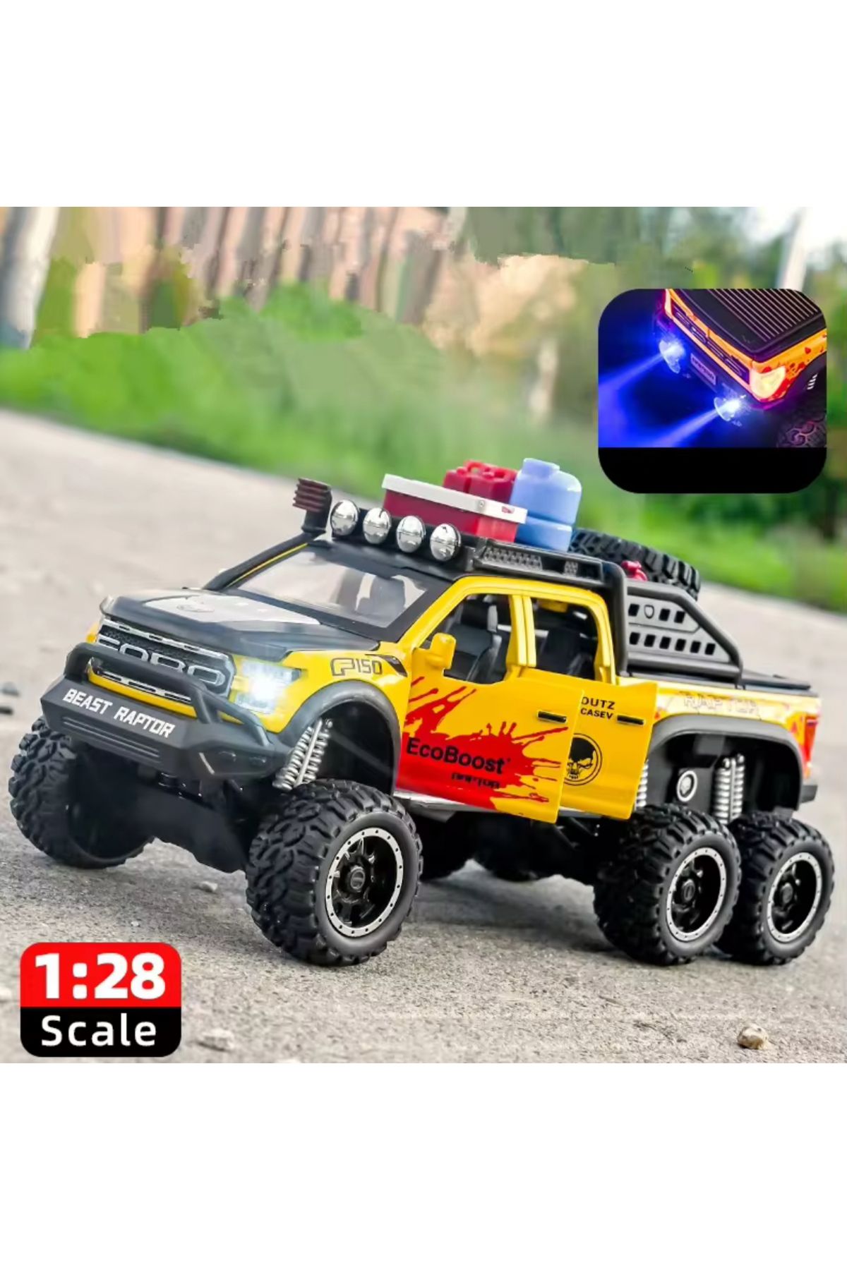 raptor ford Arazi 6x6 off road 1:28 diecast metal araba  egzoz dumanlı ışık ses tüm kap.açılır