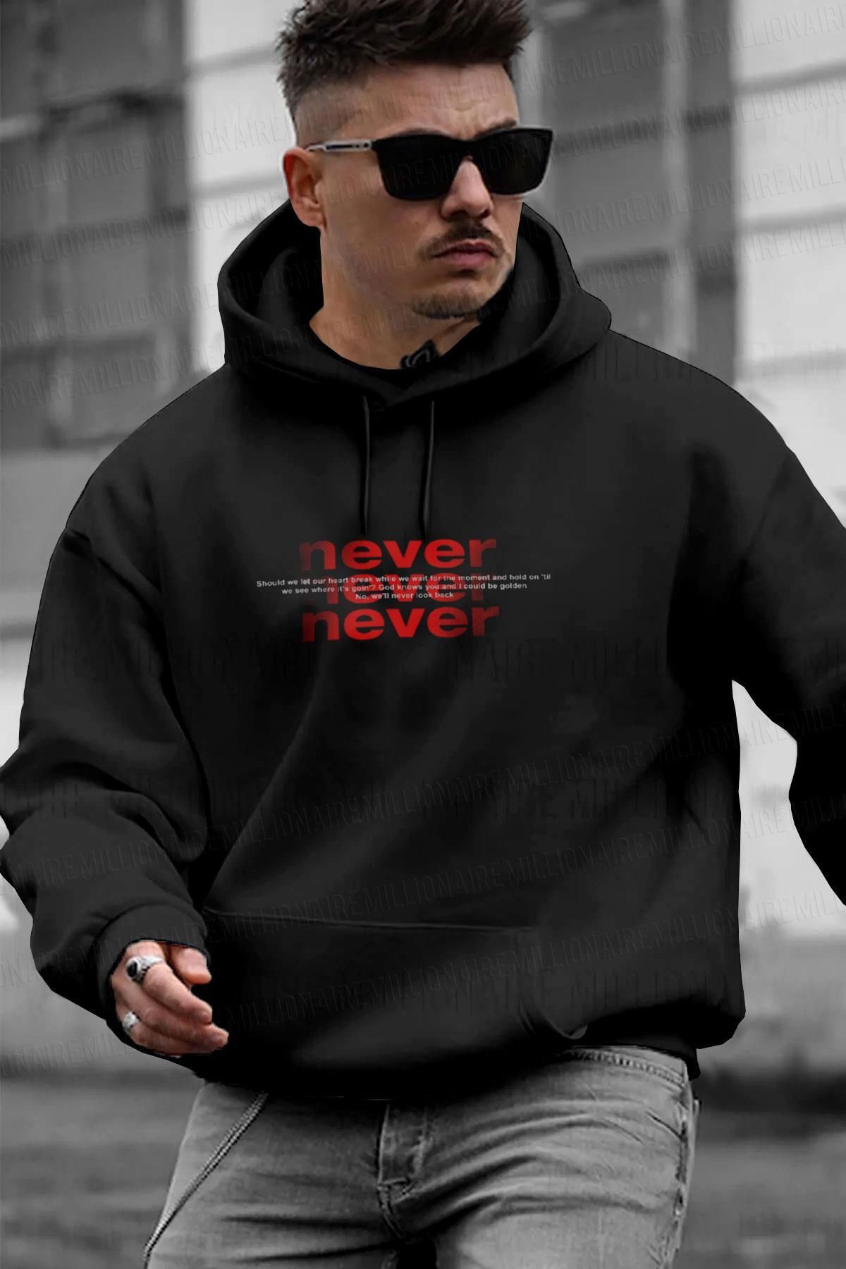 Erkek Siyah Never Baskılı Kapüşonlu 3 Üç İplik Polar Kanguru Cepli Oversize Sweatshirt Hoodie