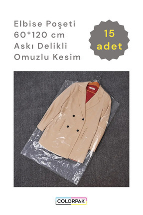 Elbise Poşeti (60X120 CM) Askı Delikli Omuzlu Kesim (15ADET) Şeffaf Kıyafet Koruma Hurç Kılıf Naylon Image 0