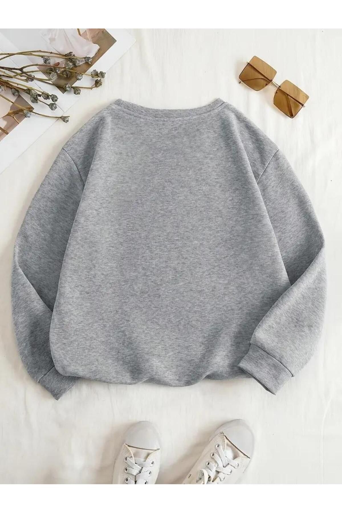 Loots  Ribbon Baskılı Gri Unisex Oversize Bisiklet Yaka Sweatshirt