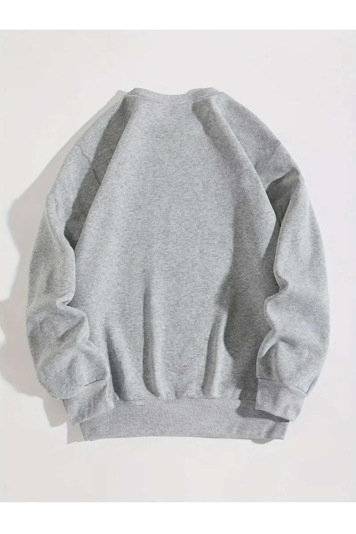 Loots  Ribbon Baskılı Gri Unisex Oversize Bisiklet Yaka Sweatshirt