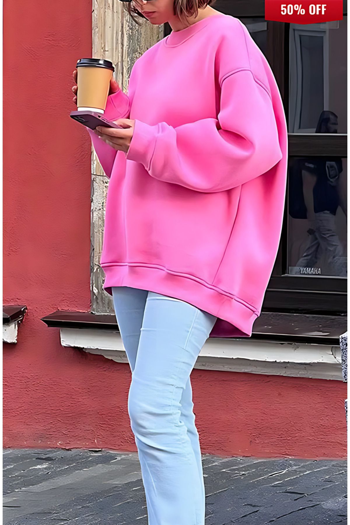 Pembe Oversize Sweatshirt Bisiklet Yaka