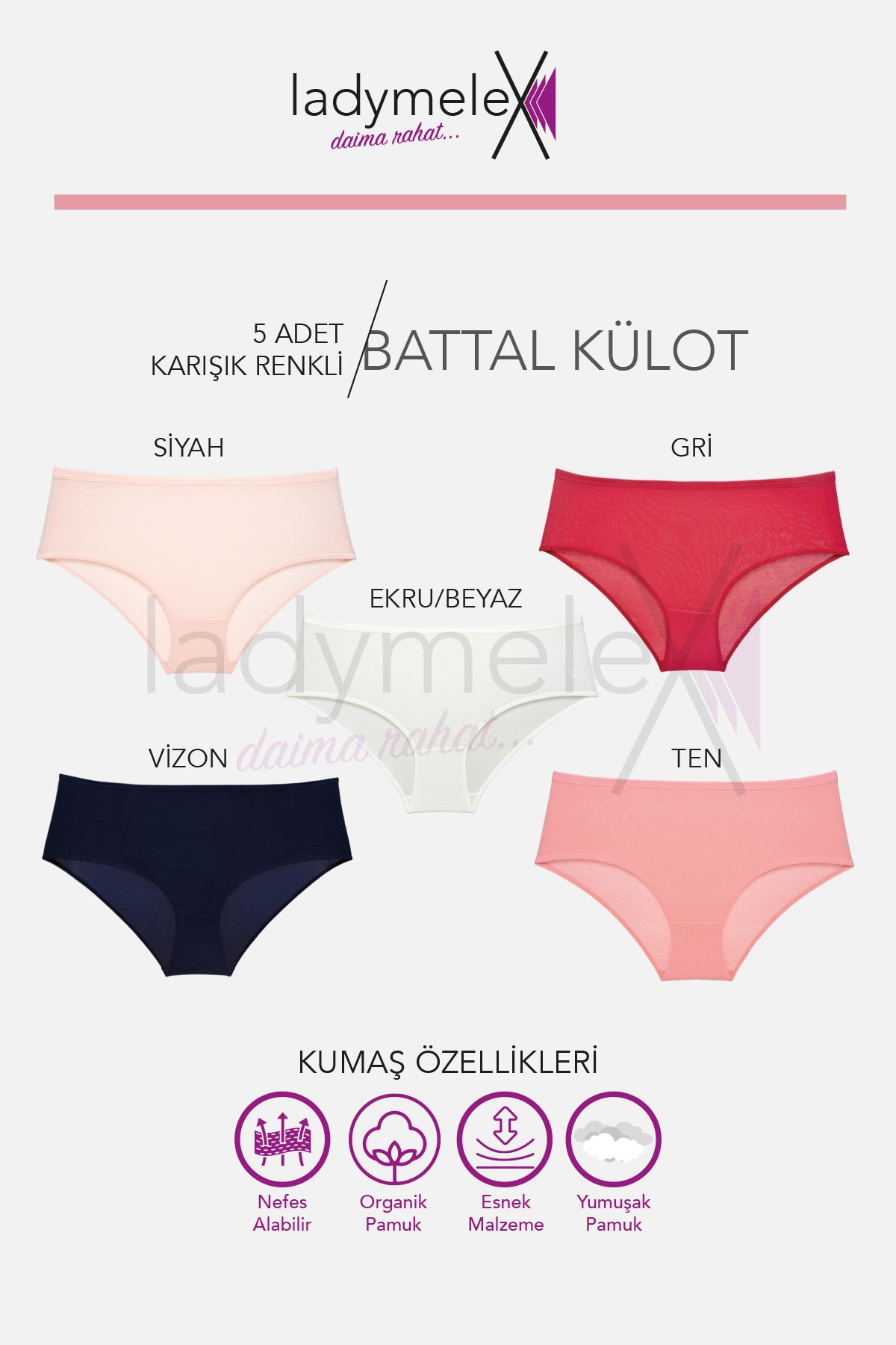 Kadın Külot, Orta Yüksek Bel Büyük Beden Külot (XL-2XL-3XL-4XL-5XL-6XL) 5 Adet, Açık Renkler