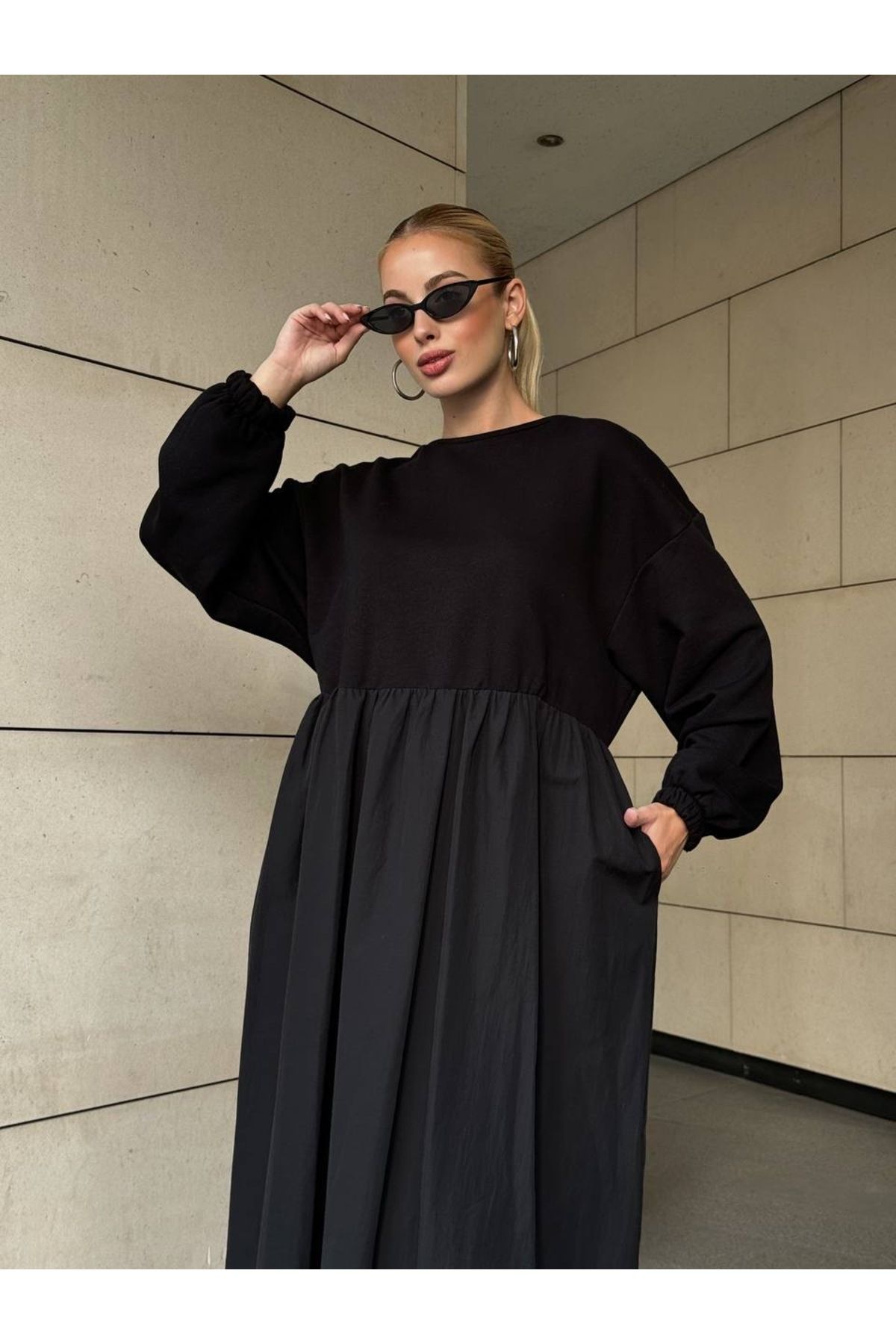 Oversize Poplin Üstü Sweatshirt Kumaş Uzun Boheme Siyah Elbise