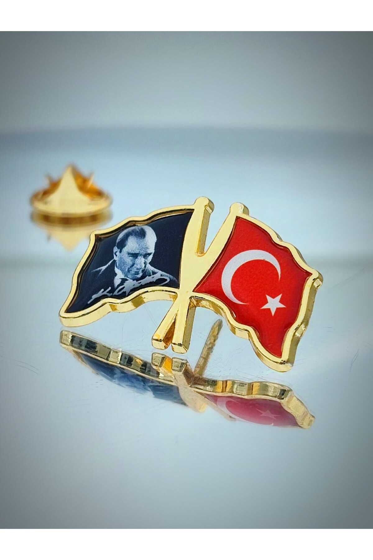 Türk Bayrağı & Atatürk Altın Kaplama Mineli  Döküm Yaka Rozeti