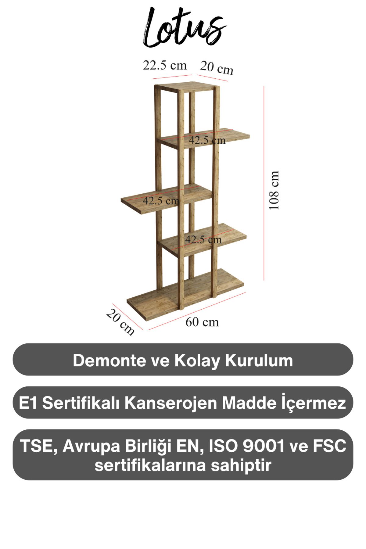 Lotus Atlantik Çam Ahşap 5 Katlı Çiçeklik, Saksılık, Çiçek Standı, Dekoratif Raf-çok Amaçlı Kullanım