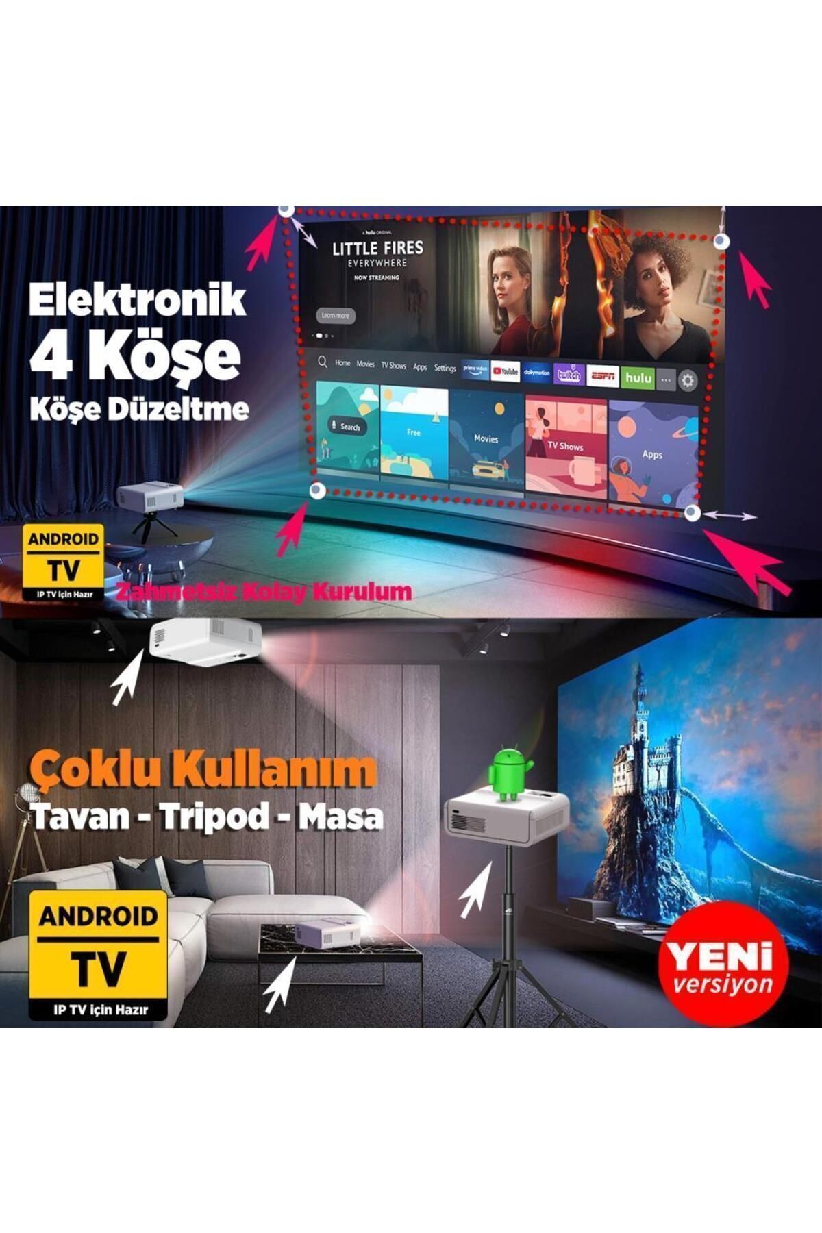 Sunspark 500w Android Tv 1080p Destekli Projeksiyon Cihazı 5g Wi-fi 5.1 Bluetooth 240 Inç Yansıtma