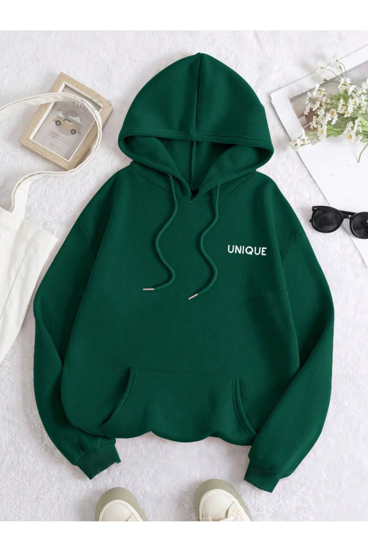 Unisex Erkek/Kadın UNİQUE Renkli Özel Baskılı Pamuklu Oversize Kapüşonlu Sweatshirt