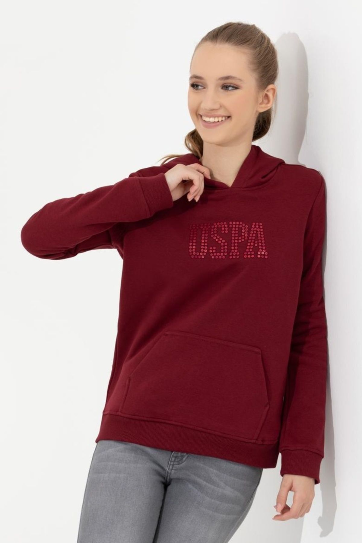 US POLO Kadın Vişne Kapüşonlu Basic Sweatshirt