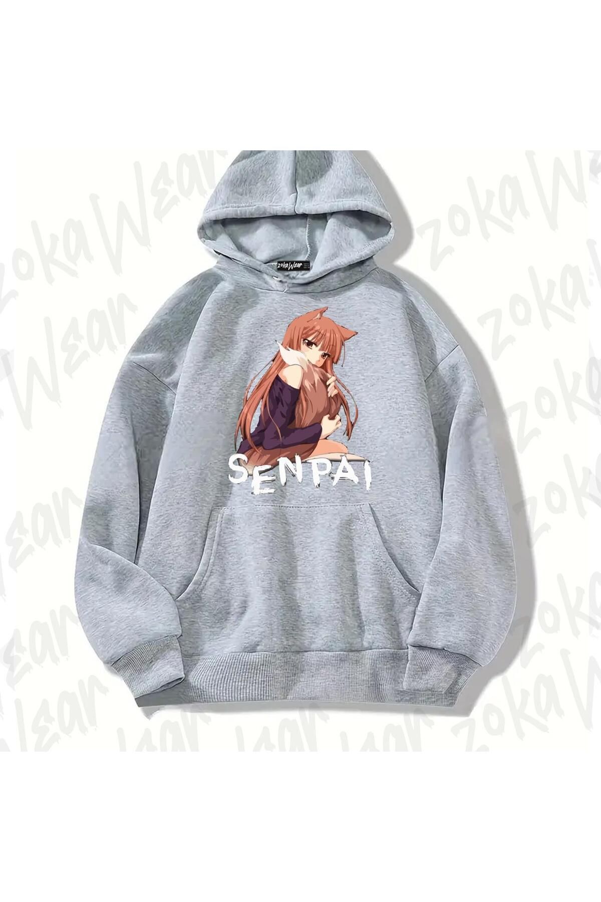 ZOKAWEAR Senpai Wolf AnimeBaskılı Gri Sweatsh...