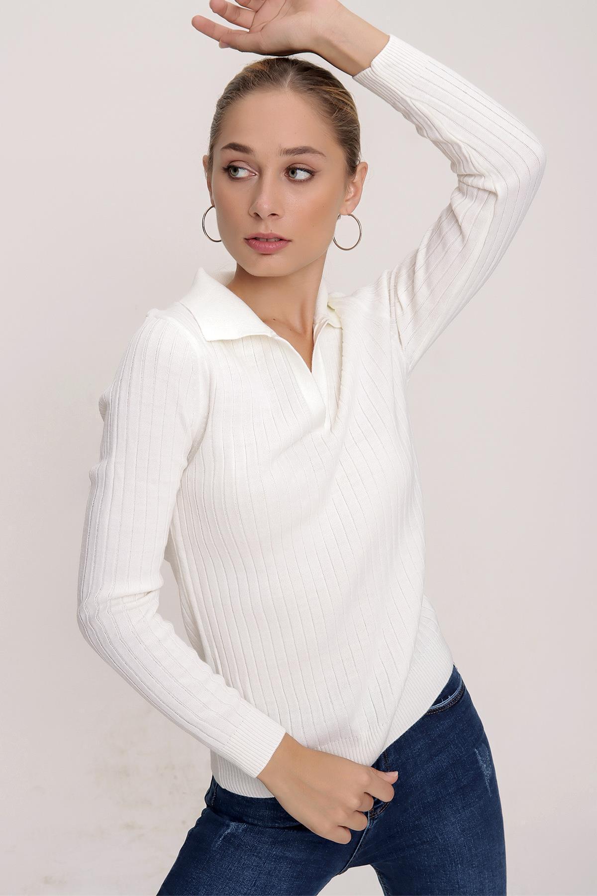 ژاکت بافتنی نازک دنده دار طرح دار راحت یقه پولو زنانه 22wk203