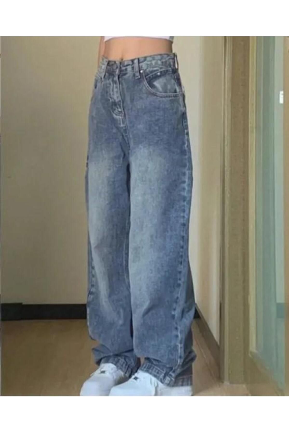 Y2k Mavi Yıkamalı Baggy Jean Bol Paça Unisex Pantolon