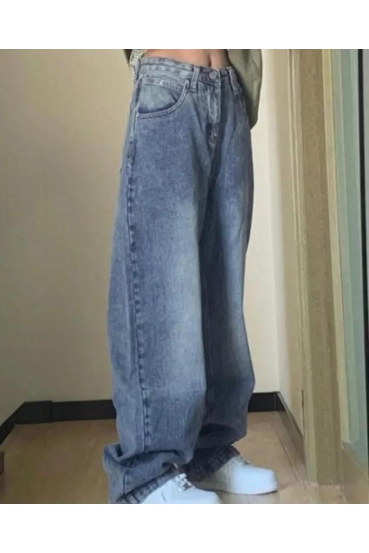 Y2k Mavi Yıkamalı Baggy Jean Bol Paça Unisex Pantolon