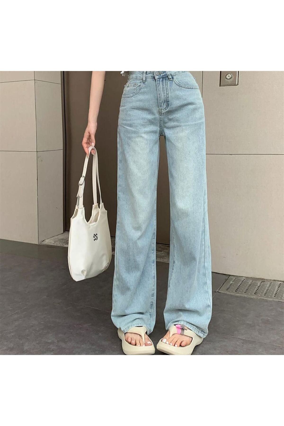 Kurdele Detaylı Baggy Yıkamalı Mavi Jean