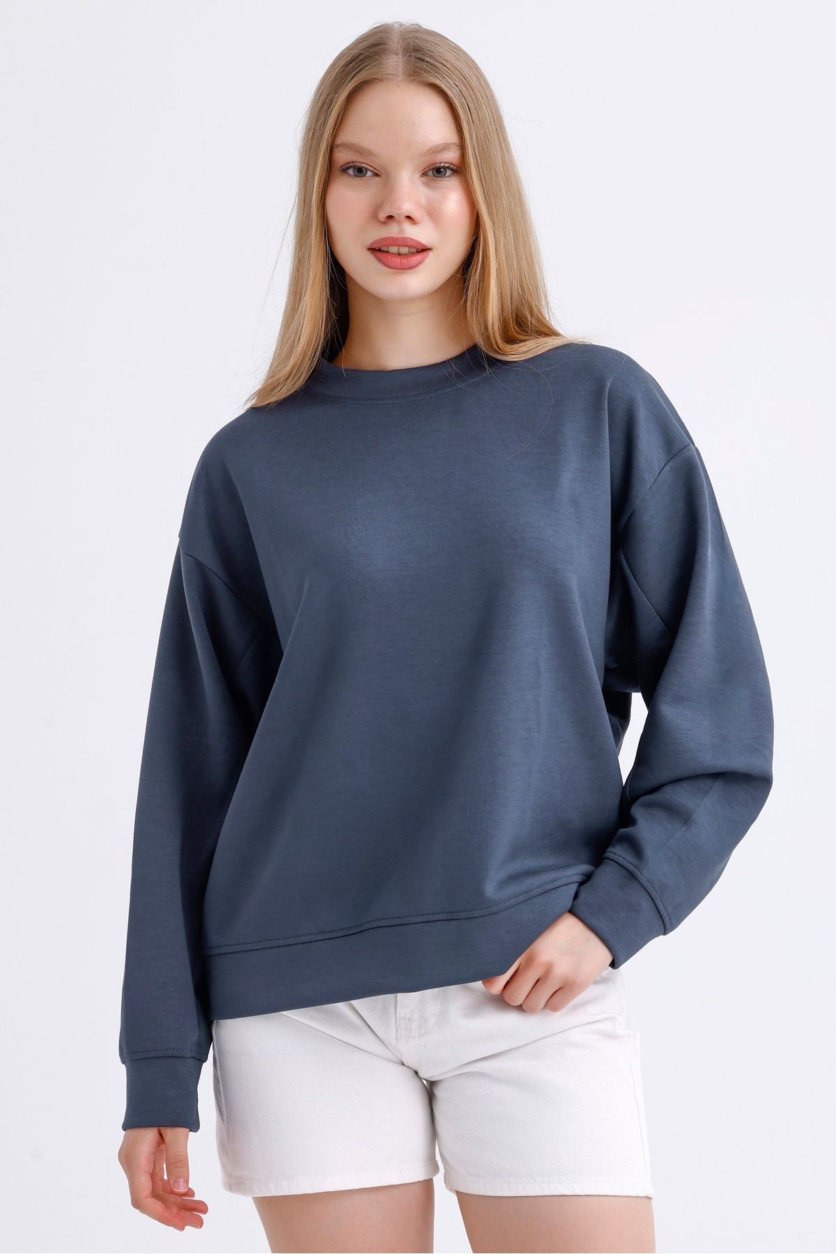 Kadın Bisiklet Yaka Basic  Oversize Modal Sweatshirt