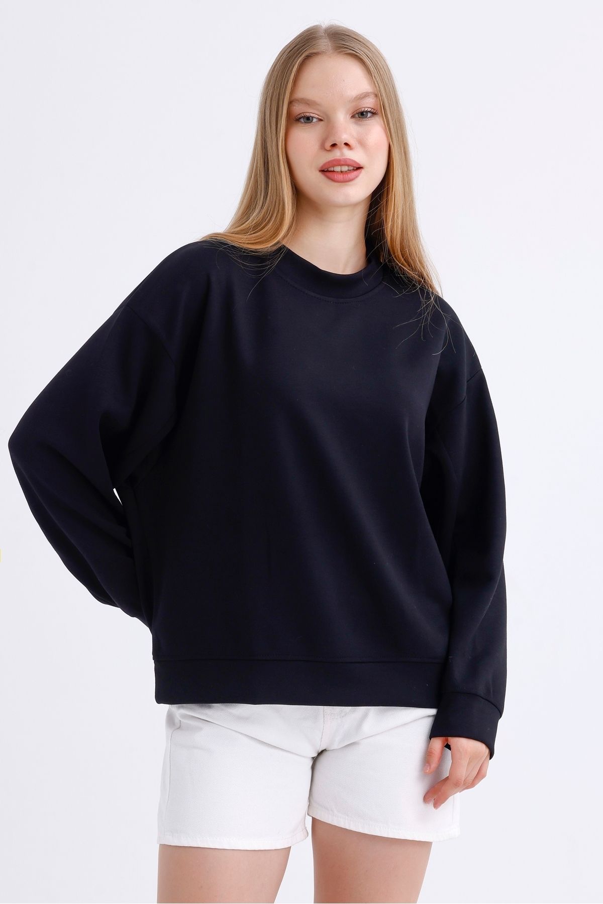 Kadın Bisiklet Yaka Basic  Oversize Modal Sweatshirt