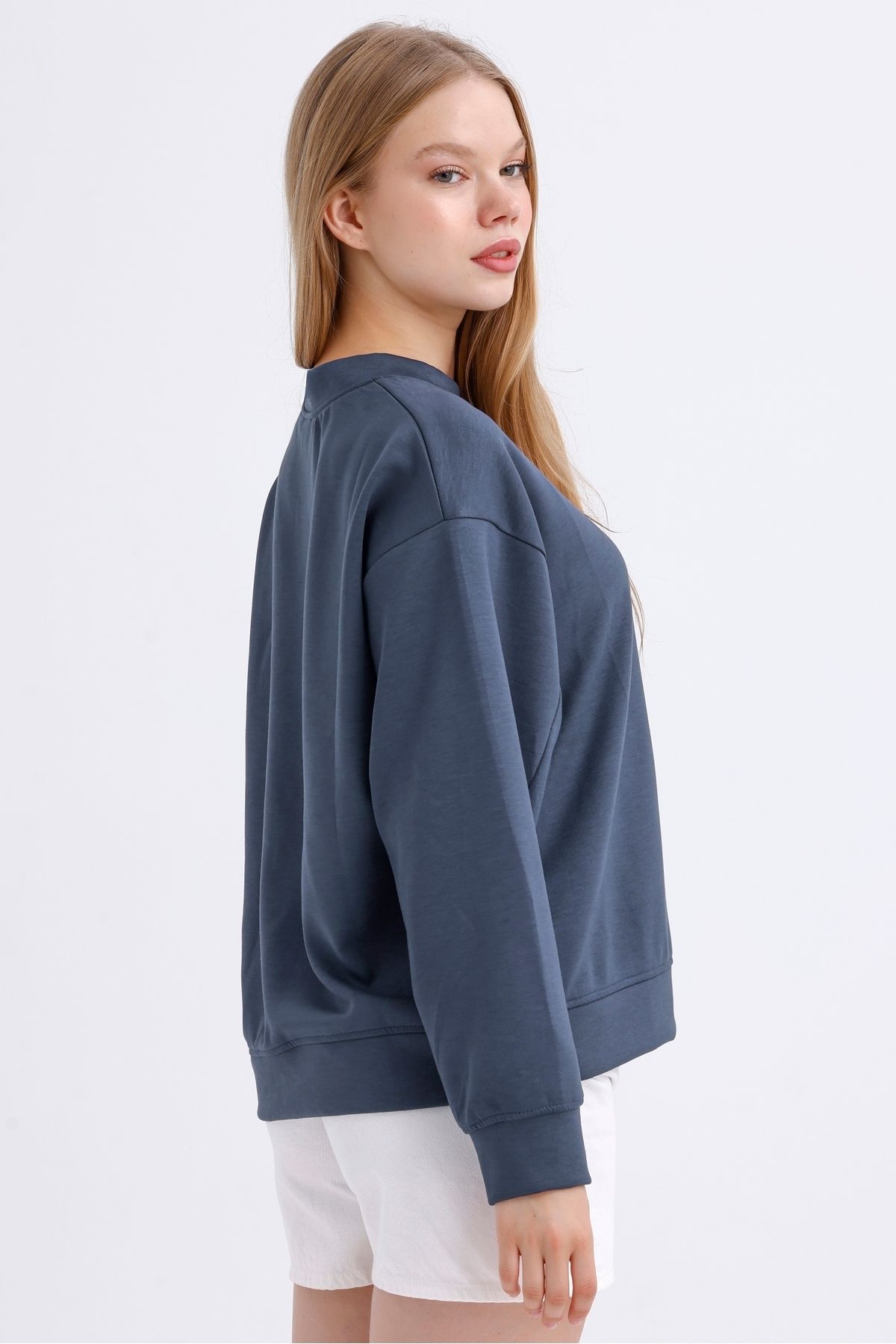 Kadın Bisiklet Yaka Basic  Oversize Modal Sweatshirt