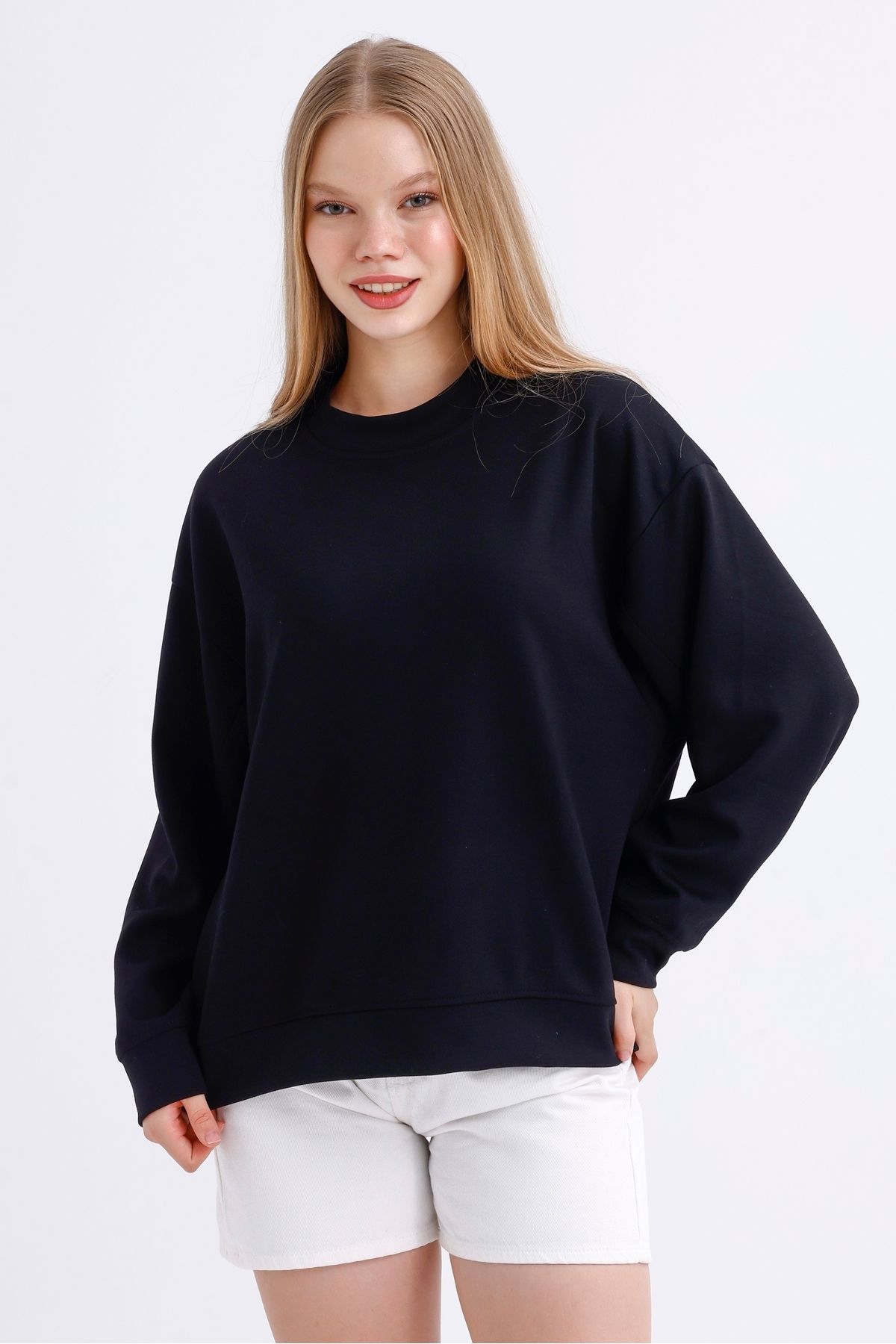 Kadın Bisiklet Yaka Basic  Oversize Modal Sweatshirt