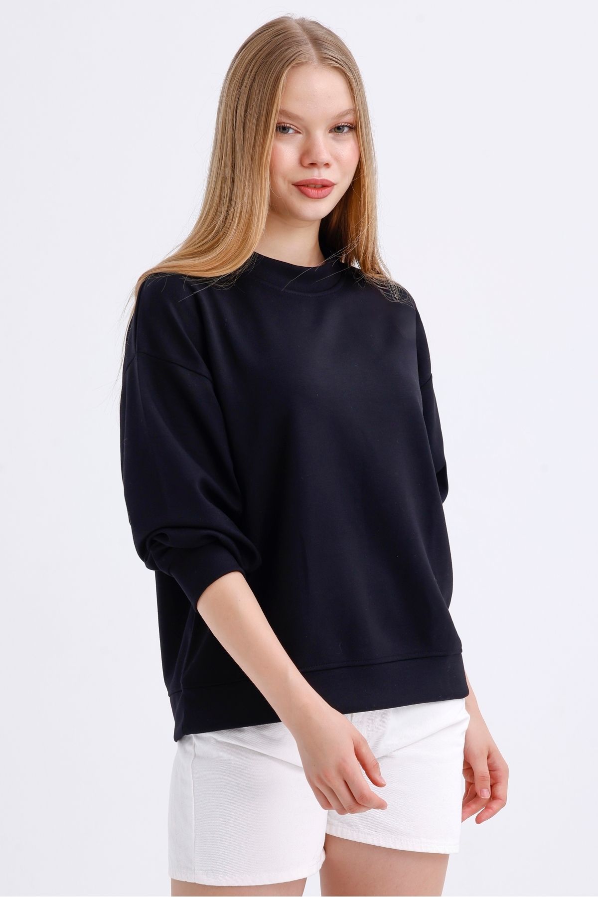 Kadın Bisiklet Yaka Basic  Oversize Modal Sweatshirt