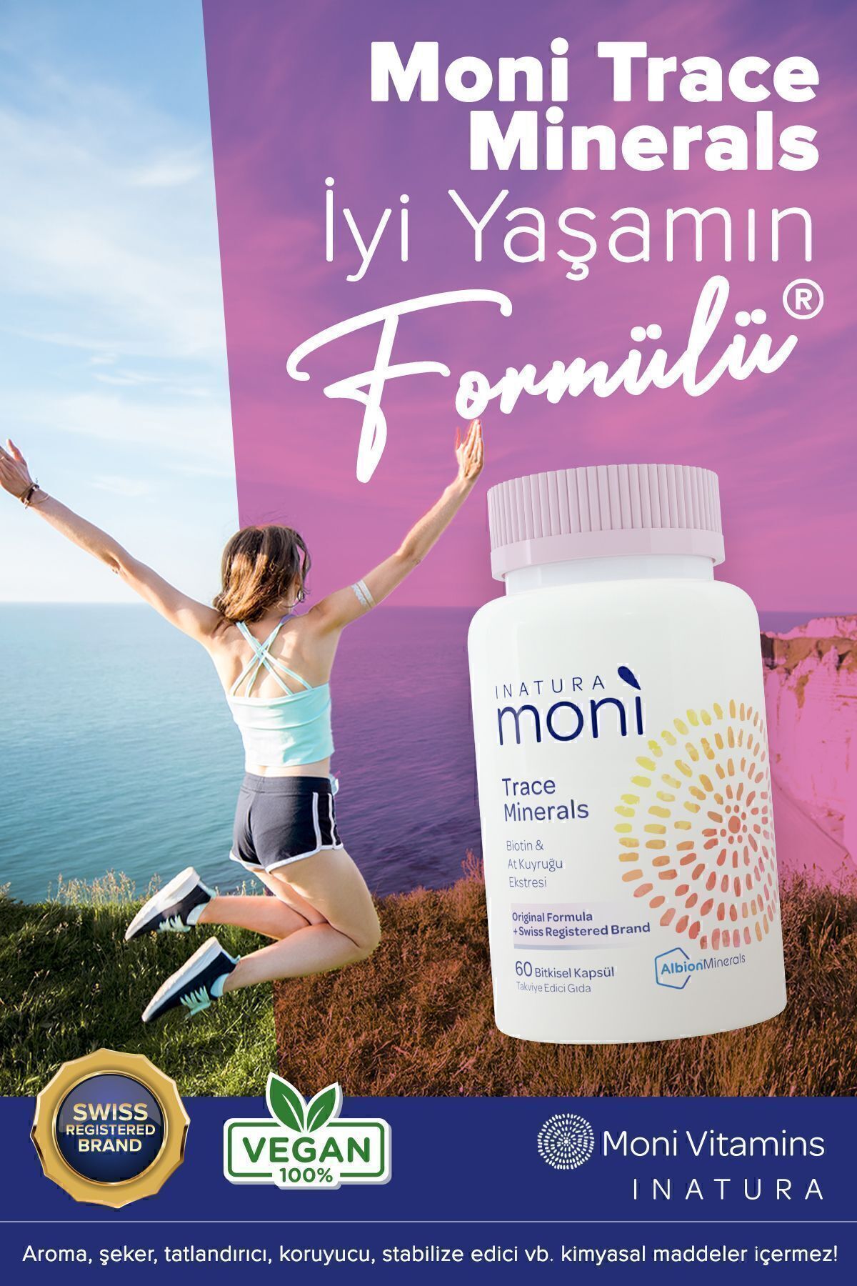 Moni Trace Minerals Biotin 5000, Krom, Çinko, Selenyum, At Kuyruğu Multivitamin 60 Vegan Kapsül