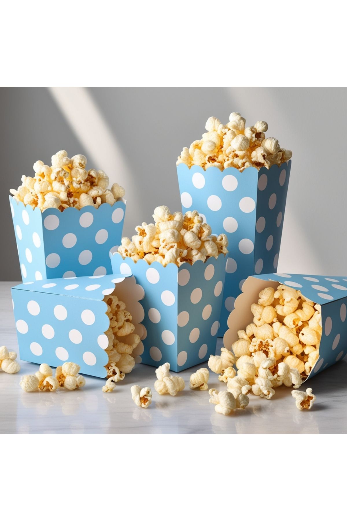 Popcorn Kutusu ( Mısır , Cips Kutusu ) 8 Adet Mavi Üstü Beyaz Puantiyeli