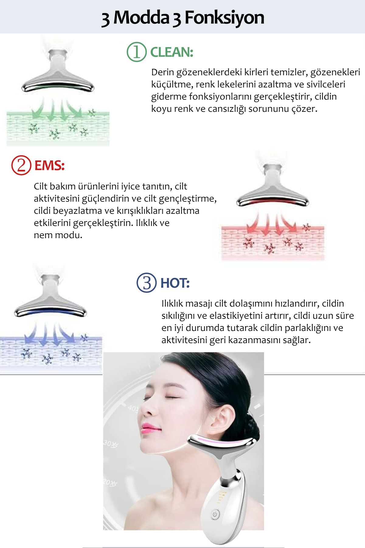 Cilt Sıkılaştırıcı EMS Güzellik Cihazı Boyun ve Yüz İçin Kırışıklık ve Sarkma Giderici Anti-Aging