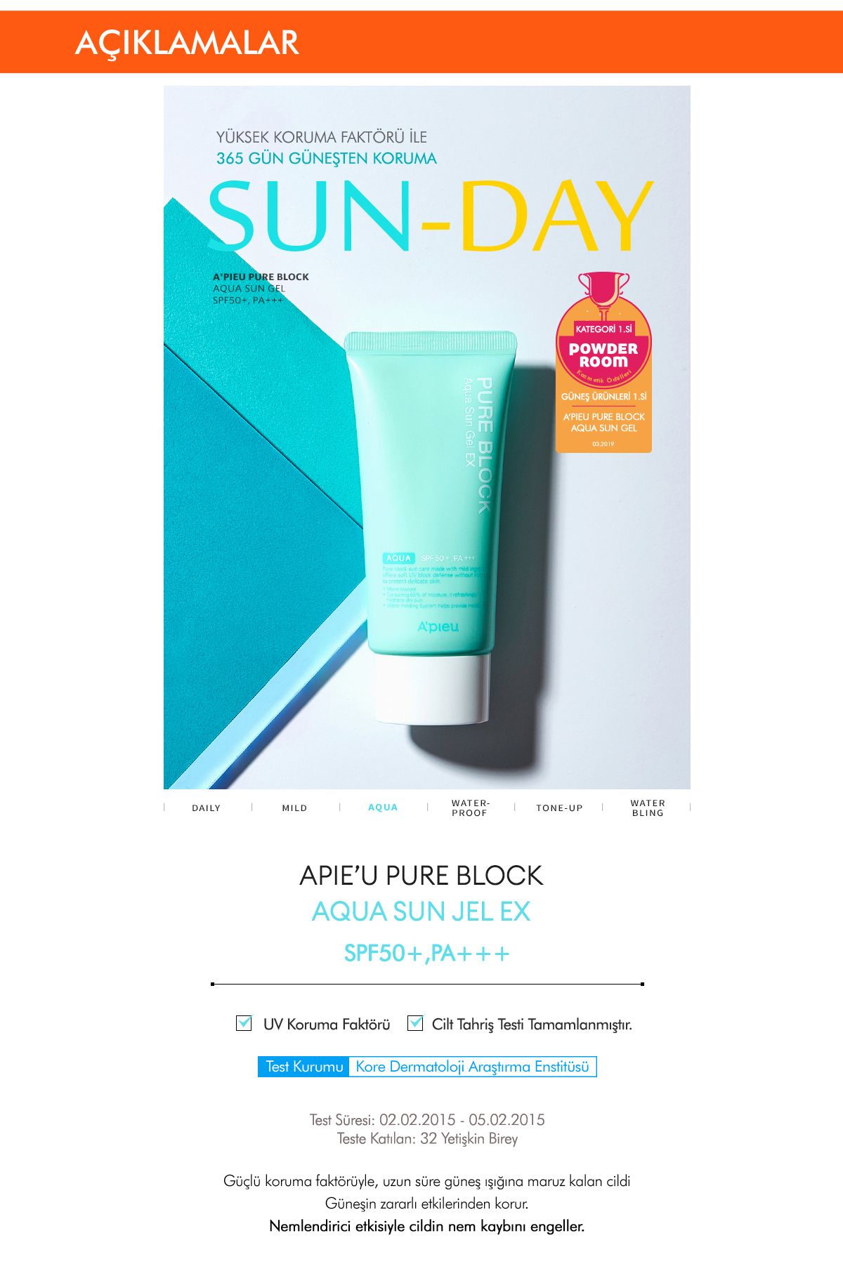 Yoğun Nemlendirici Suya Dayanıklı Jel Güneş Kremi A'PIEU Pure Block Aqua Sun Gel EX SPF50+/PA+++50ml