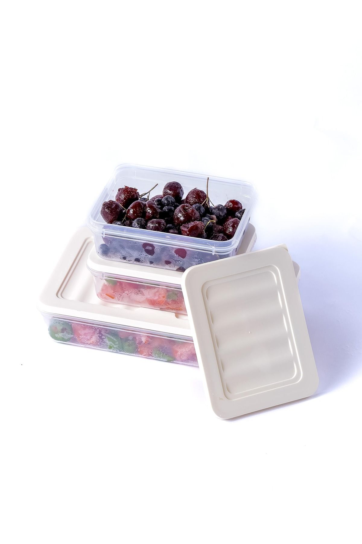 3'lü Set-2 Freshbox Mikrodalga Ve Difrize Uygun Saklama Kabı KREM