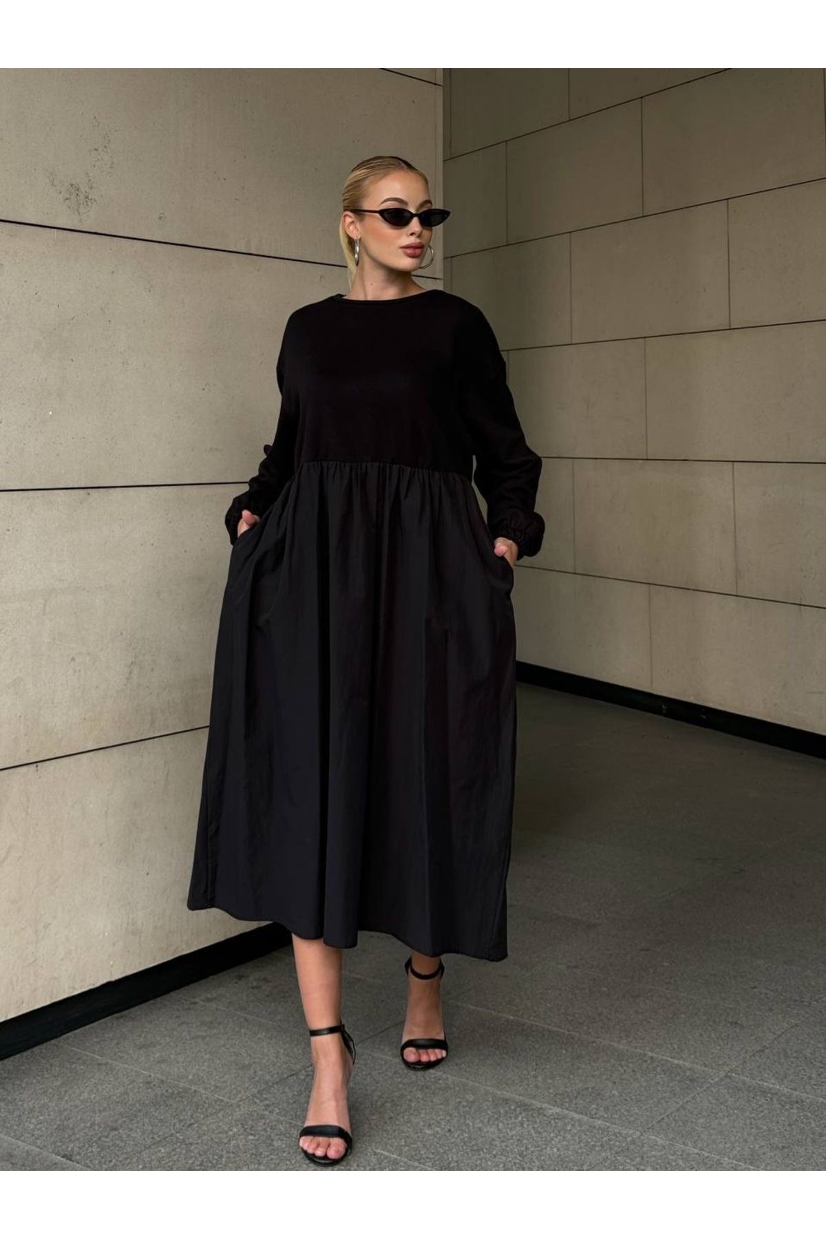 Oversize Poplin Üstü Sweatshirt Kumaş Uzun Boheme Siyah Elbise