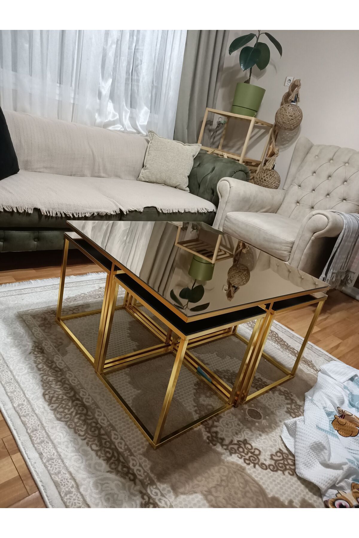 Home Plus Premium 4 1 Kare Orta Sehpa Gold Kaplama Bronz Ayna