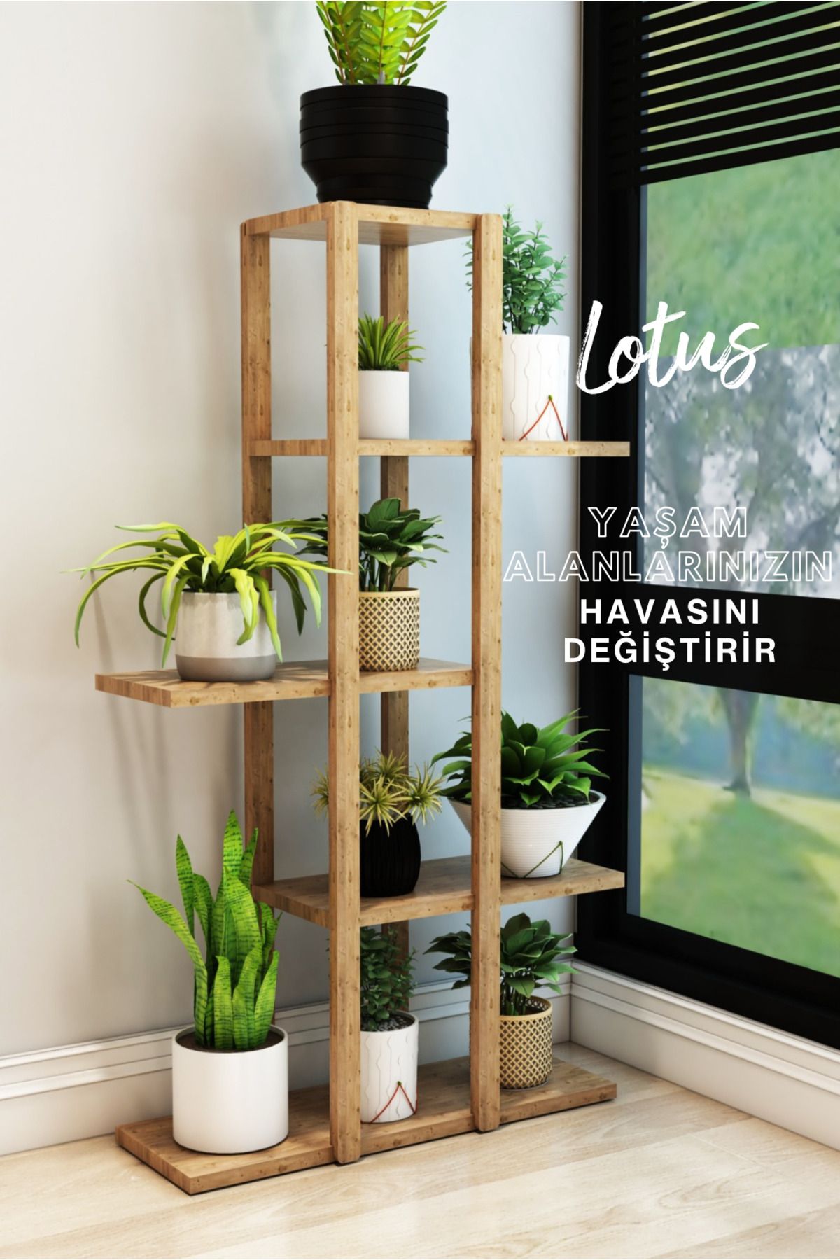 Lotus Atlantik Çam Ahşap 5 Katlı Çiçeklik, Saksılık, Çiçek Standı, Dekoratif Raf-çok Amaçlı Kullanım