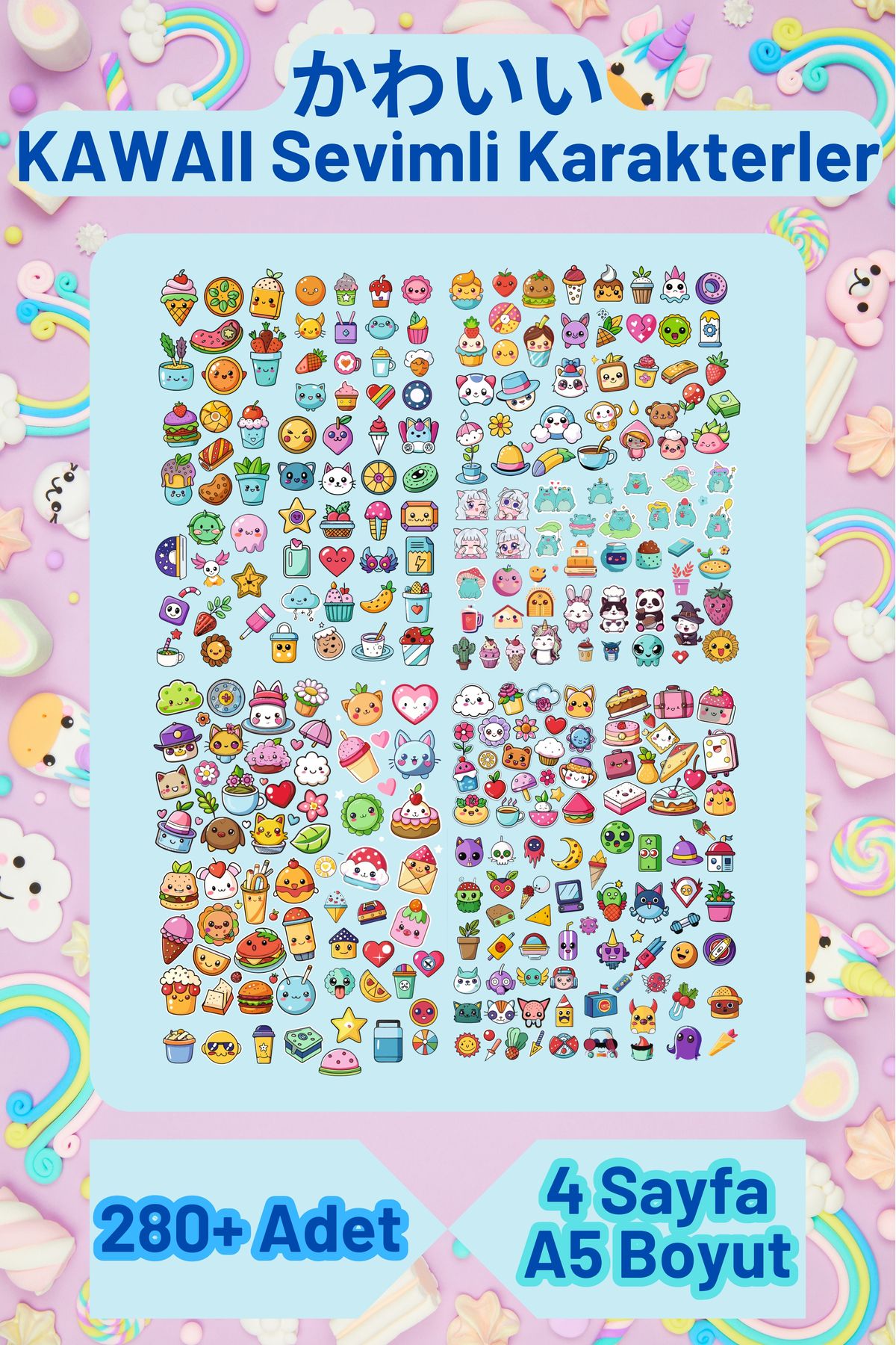 Kawaii Washi Sticker Seti - Cute Kawaii - Tatlı Kawaii Etiketler -Ajanda  280+ Adet 4 Sayfa A5 Boyut