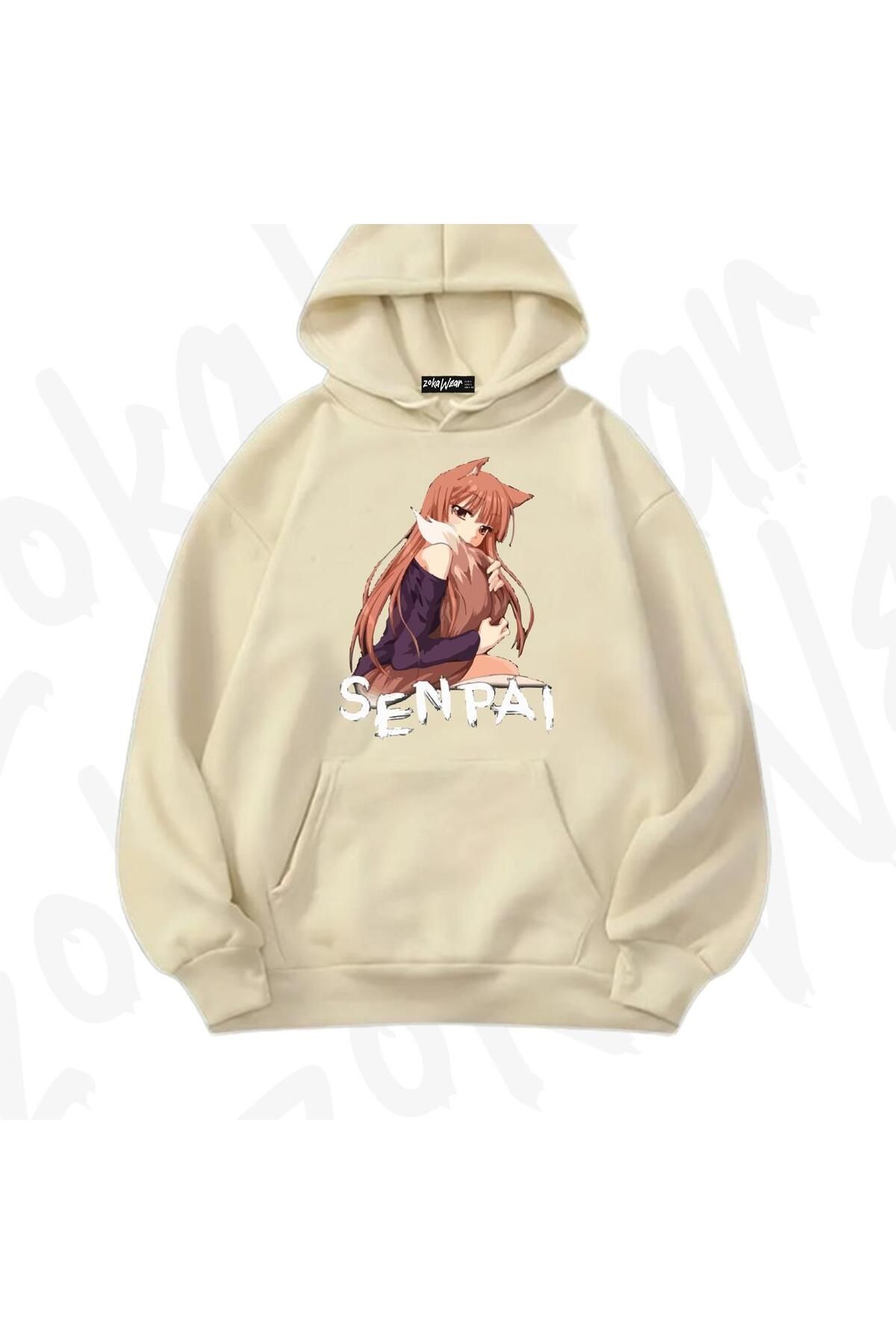 ZOKAWEAR Senpai Wolf AnimeBaskılı Bej Sweatsh...