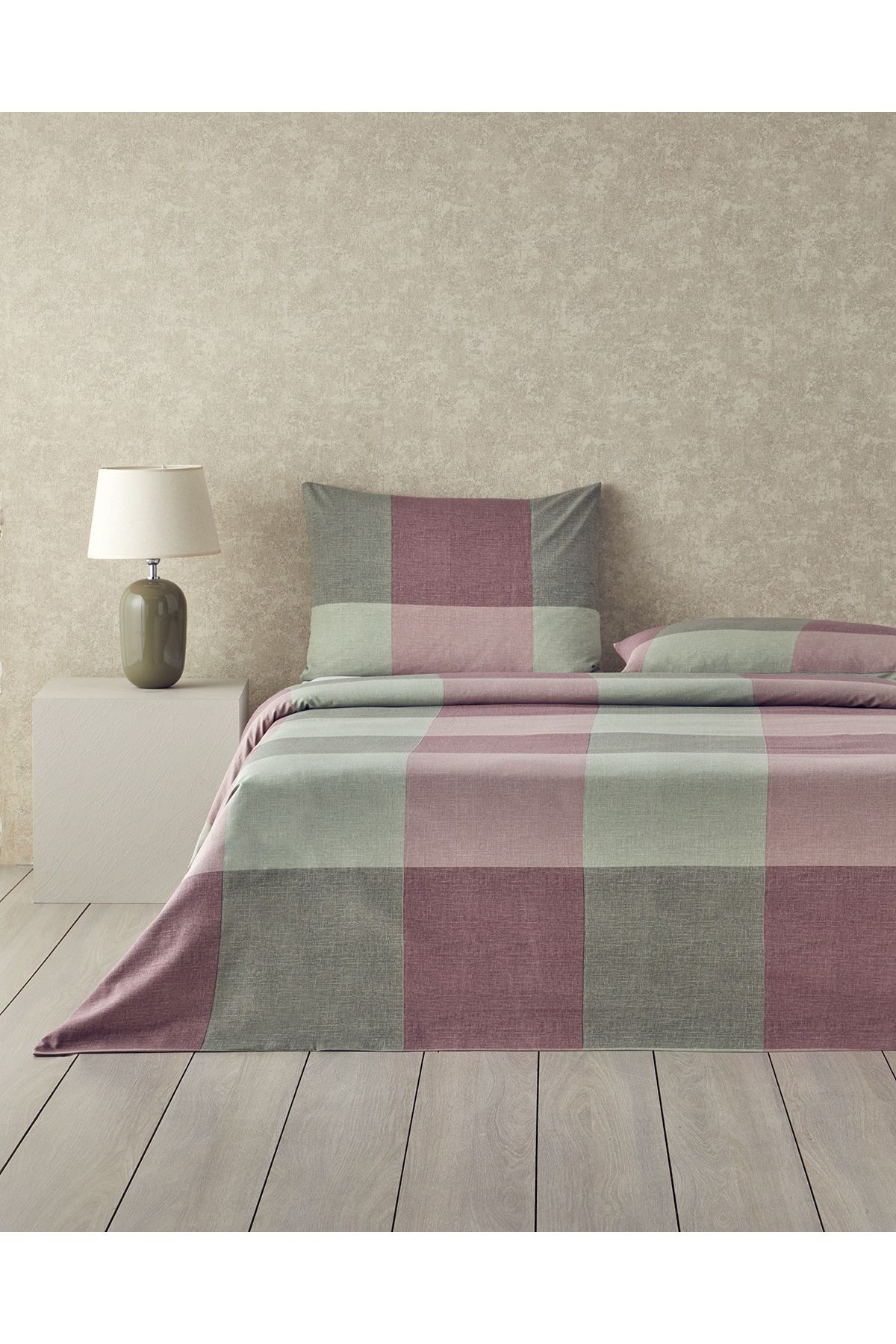 Textured Plaid Kolay Ütülenir Çift Kişilik Nevresim Seti 200x220 cm Yeşil-Mürdüm