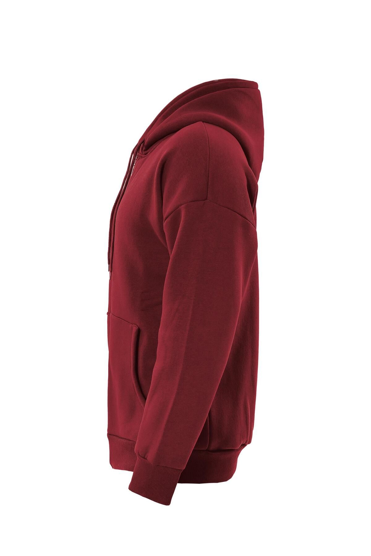 Unisex Fermuarlı Kapüşonlu Oversize Sweatshirt - BORDO