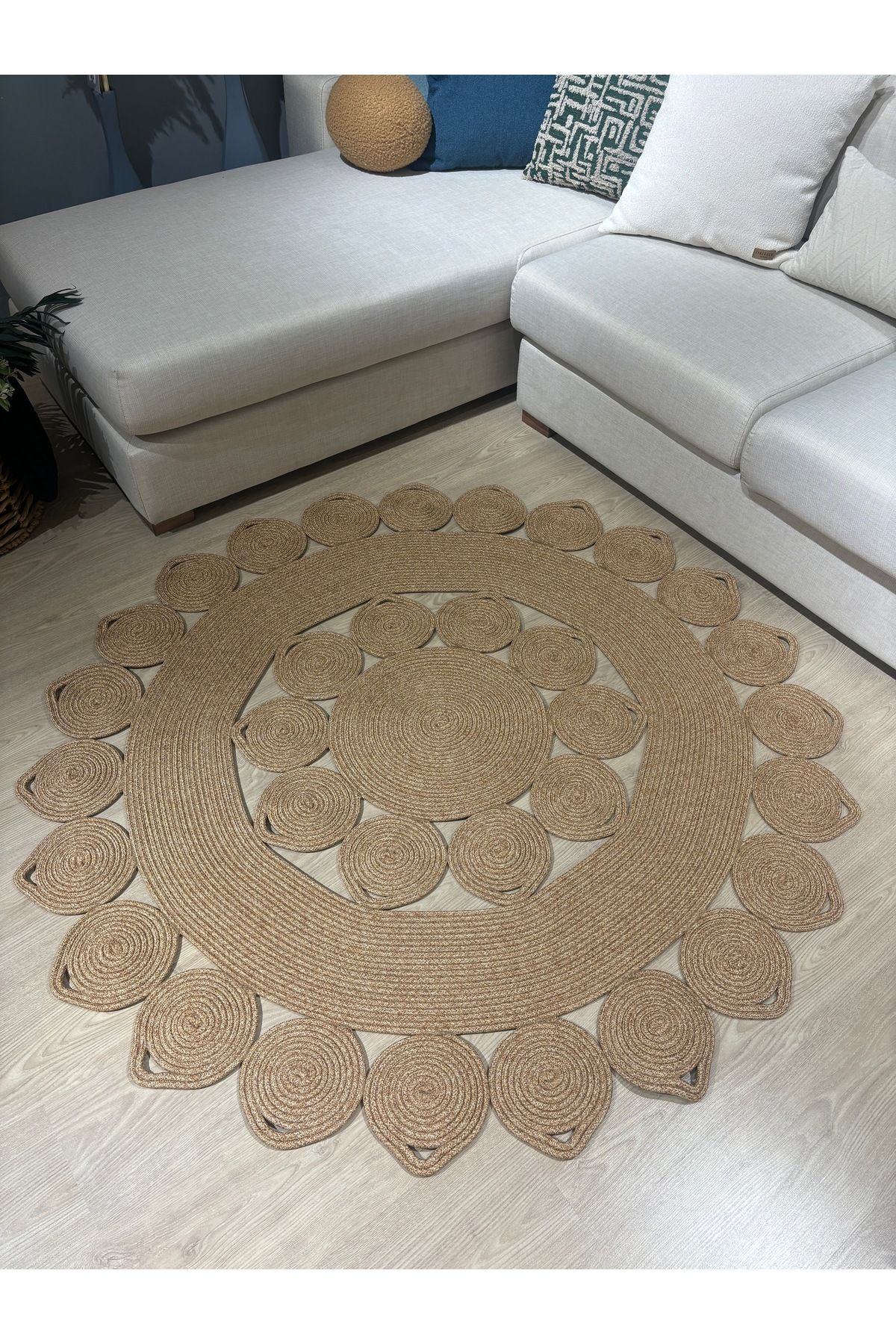 Nüans Jüt Hasırlı El Örgüsü Kilim Halı Hasır Yuvarlak