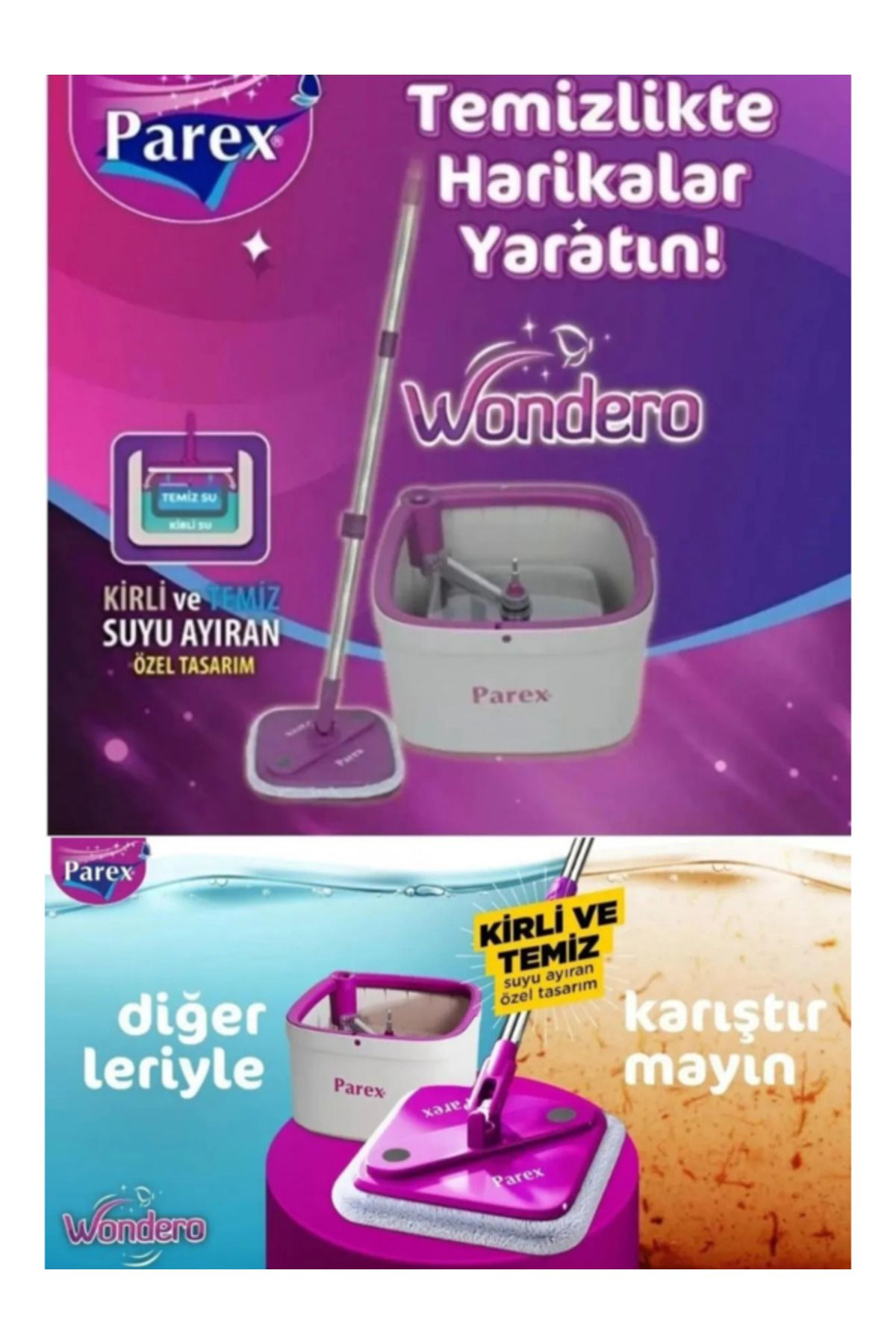 Parex Wondero +4 Yedek Moplu Bezli Temiz Su Ile Kirli Su Ile Ayıran Otomatik Temizlik Seti