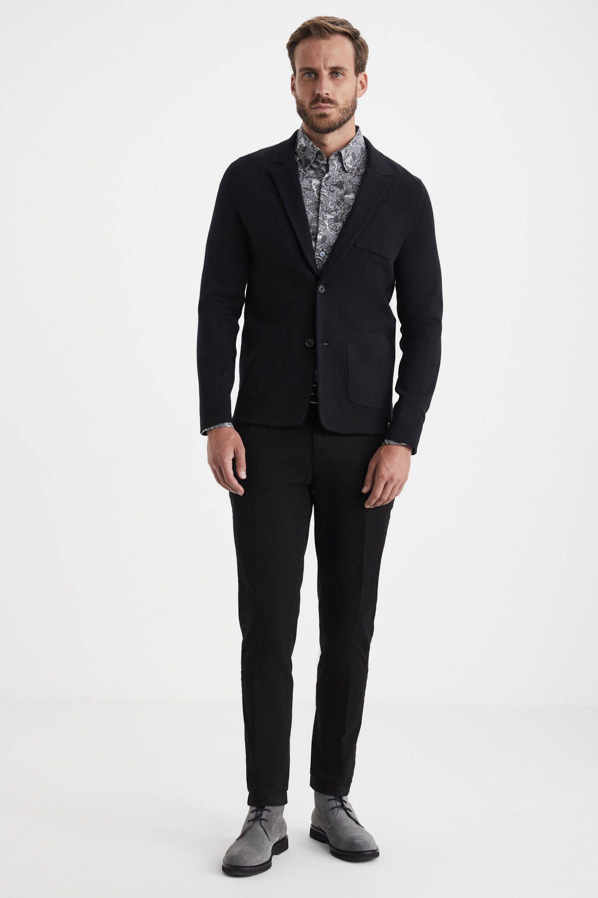 Siyah Extrafine Merino Triko Blazer Ceket