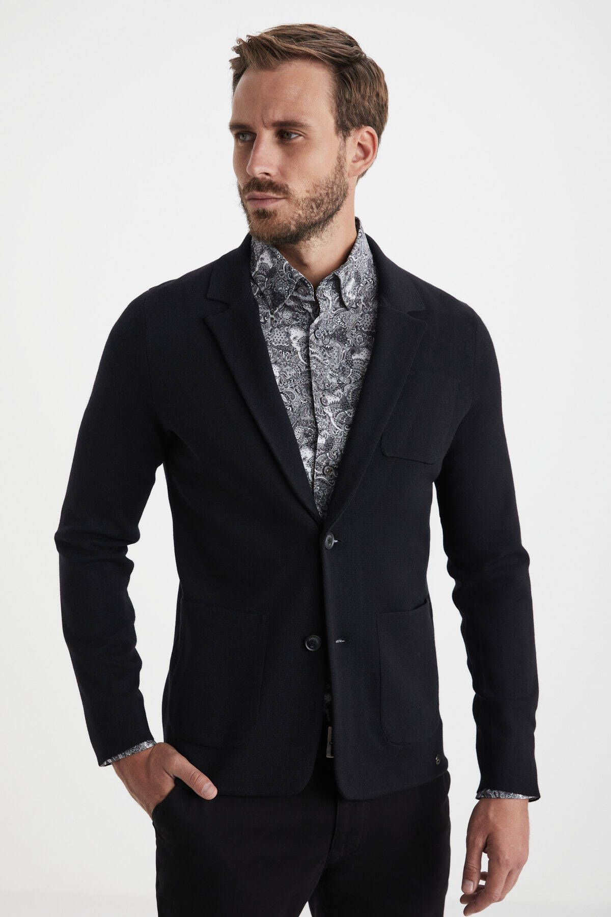 Siyah Extrafine Merino Triko Blazer Ceket