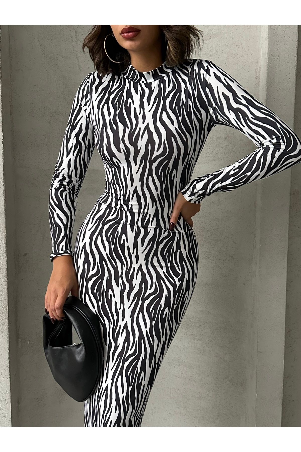 alenmoda zebra desenlibalıkçı yaka elbise