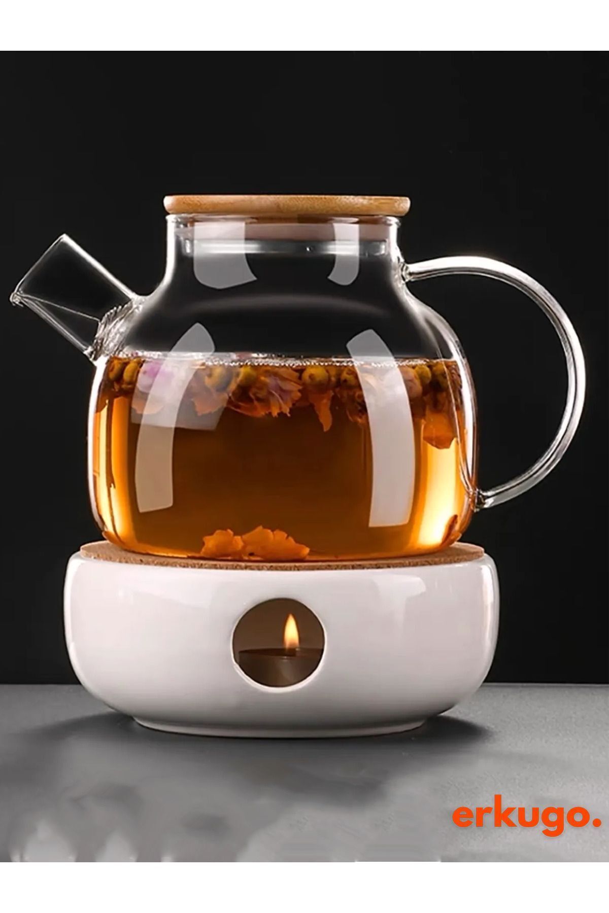 Vakumlu Bambu - Metal Kapaklı Isıya Dayanıklı Borosilikat Cam Demlik, Süzgeçli (1000 ML) Teapot