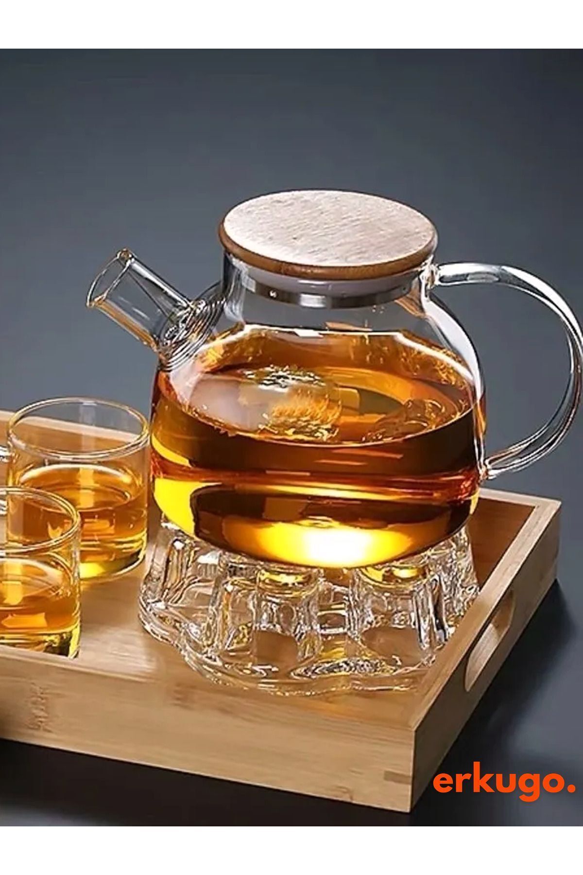 Vakumlu Bambu - Metal Kapaklı Isıya Dayanıklı Borosilikat Cam Demlik, Süzgeçli (1000 ML) Teapot